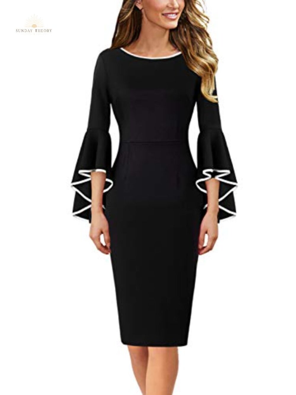 Ruffle Bell Sleeve Bodycon Cocktail Wedding Guest Dress
